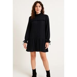 Lola May Black Dress 12 Long Sleeve High Collar Tunic Style Semi Sheer Unlined